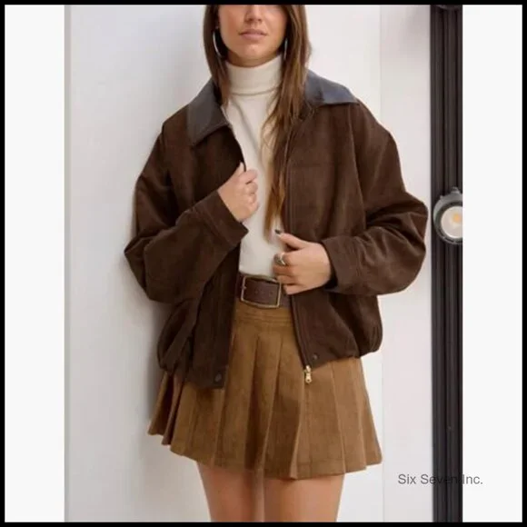 Faux Suede Bomber Jacket Oversized Cropped Zip Up Casual Outerwear - Picture 2 of 6